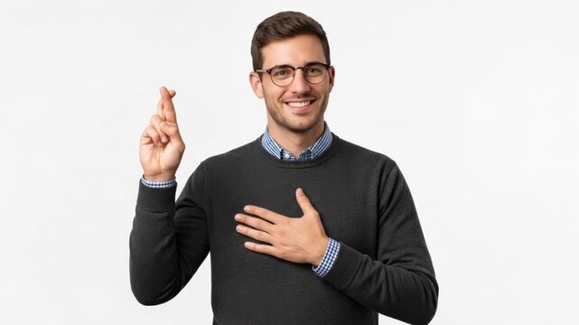 A smiling man with glasses crosses his fingers while hand over his heart