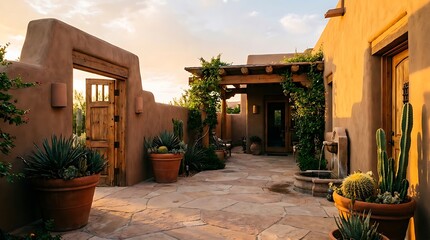 Fototapeta premium Beautiful southwestern style house patio with adobe walls and cactus plants at sunset time featuring a wooden door and stone ground in a quiet desert home garden setting. southwestern adobe home