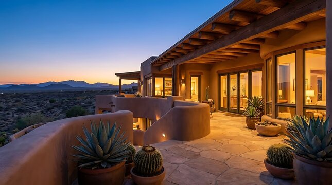 Beautiful luxury home patio at sunset with warm indoor lighting and scenic mountain landscape views in a quiet desert residential neighborhood during the golden hour evening. southwestern adobe home