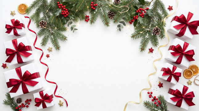 White background corner borders decorated with festive pine branches and red gift boxes perfect for new year 2027 christmas invitation concept