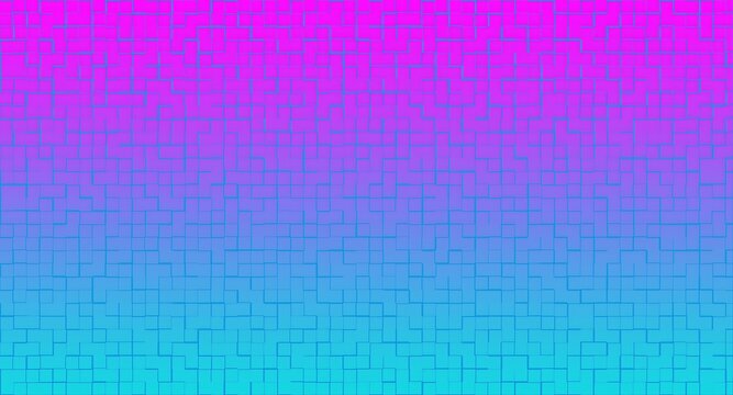 Abstract geometric pattern with a vibrant pink and blue gradient background featuring intersecting lines and square shapes