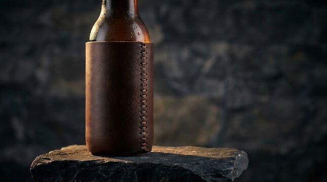 Cold beer bottle inside a brown leather stubby holder standing on a rustic stone surface with a dark moody background perfect for masculine pub or bar advertising themes. koozie