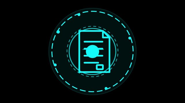 Glowing futuristic digital document line icon displaying smart contract electronic file approval concept on HUD technology digital background