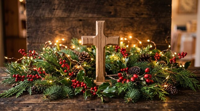 Rustic wooden cross with Christmas greenery and fairy lights, Christian holiday centerpiece with red berries and pine, religious winter decoration