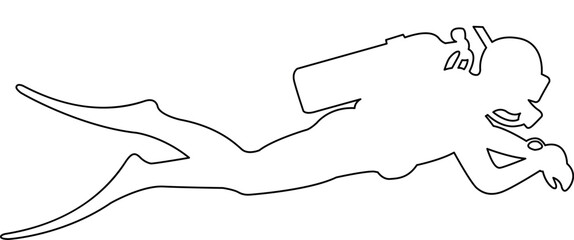 Simple black outline of a scuba diver swimming horizontally with gear and oxygen tank for underwater adventure designs © NiMade