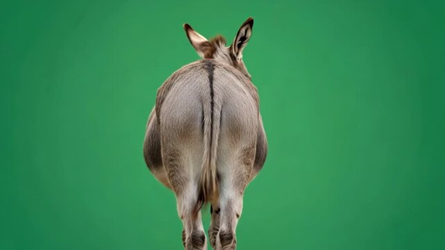 Rear view of a grey donkey standing against a vibrant green background