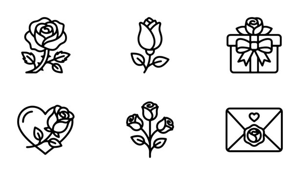 Elegant Rose Icons Set, Vector Graphics for Love and Romance, Valentine's Day, Wedding, Floral Design Elements