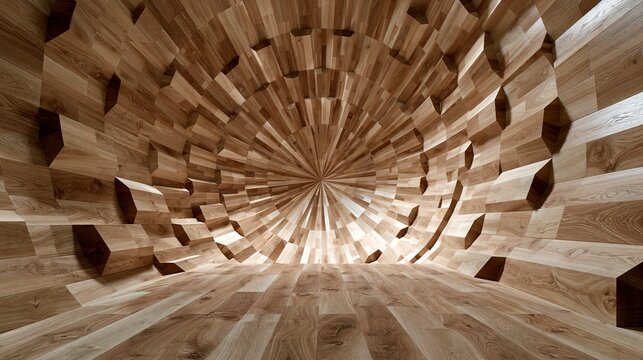 Creative 3d radial wooden tunnel space with natural wood-colored blocks creates abstract perspective optical illusion art