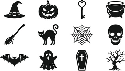 Naklejka premium Spooky Halloween Silhouette Icon Set featuring Witch Hat Pumpkin Cauldron Broom Black Cat Spiderweb Skull Bat Ghost Coffin and Creepy Tree Shapes