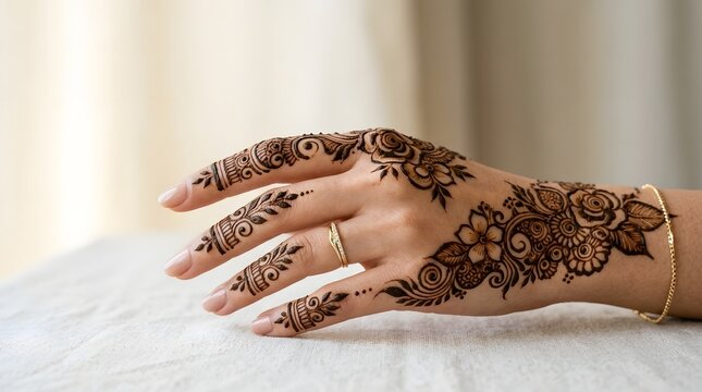 Decorative Henna Tattoo Hand with Gold Jewelry