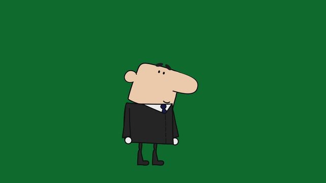 Man in black suit standing side  green screen chromakey background 2d animated cartoon animation scene element clip visual frame sequence theme scene element  