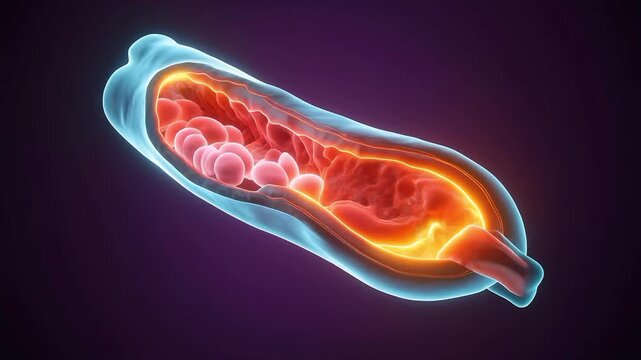Cross section of human blood vessel with glowing inflammation. 4K Video