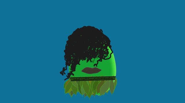Green face with afro hair portrait green screen chromakey background 2d animated cartoon animation scene element clip visual frame sequence theme scene element  