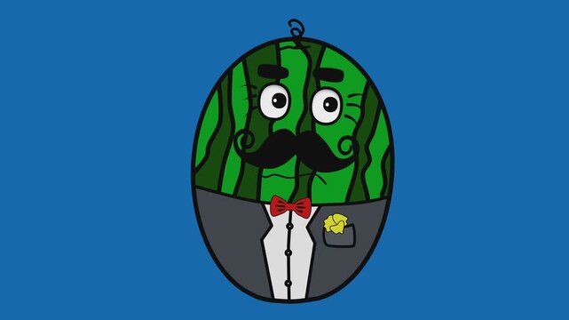 Watermelon face with mustache and hat green screen chromakey background 2d animated cartoon animation scene element clip visual frame sequence theme scene element 