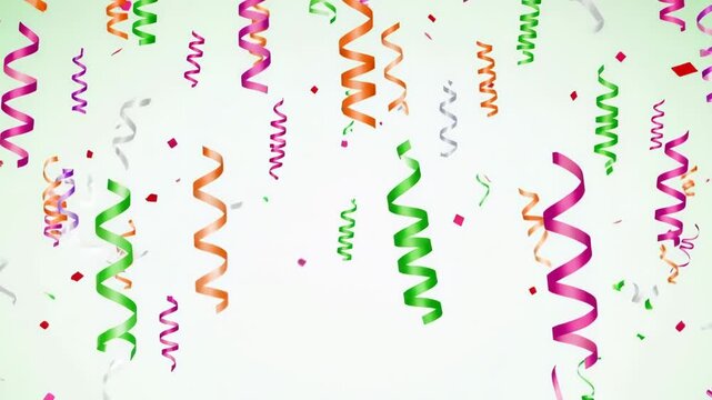 Colorful party streamers and confetti falling on a soft light background