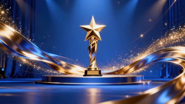 Shining golden star trophy placed on round stage with flowing golden ribbon against blue curtain background represents success award and achievement ceremony concept