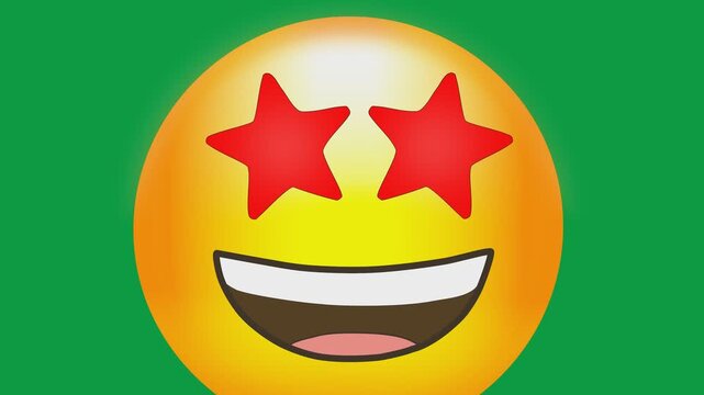 Star eyes smiling yellow face emoji green screen chroma key background 2d animated cartoon.