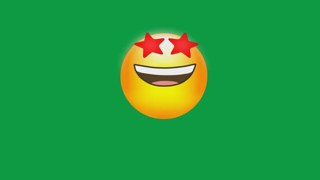 Star eyes smiling yellow face emoji green screen chroma key background 2d animated cartoon.