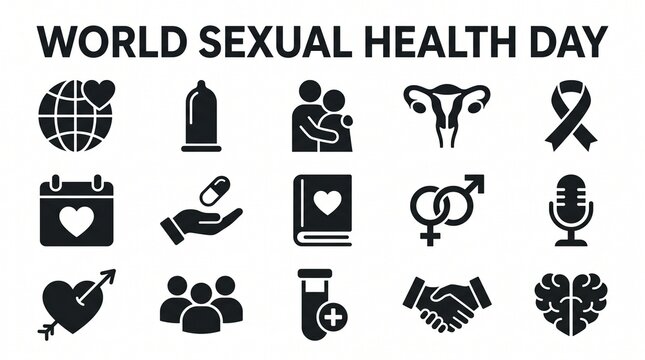 World Sexual Health Day icon set, black flat reproductive health symbols, 15 medical and wellness icons for education and awareness