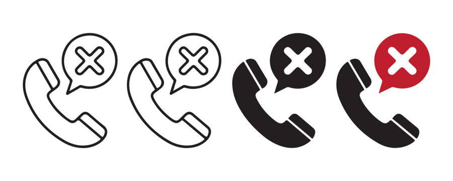 Phone call icon vector set with red cross symbol for no service or disconnected call.