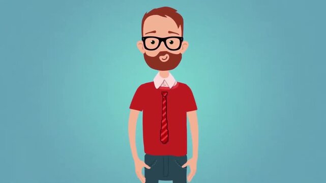 2D Animated Young Hipster Businessman with Glasses and Beard Standing Against Blue Background Flat Vector Character Animation Footage