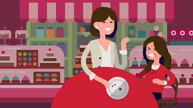 2D Animated Women Sitting at Table Eating Cake and Drinking Tea inside Cafe Bakery Shop Flat Vector Character Animation Footage