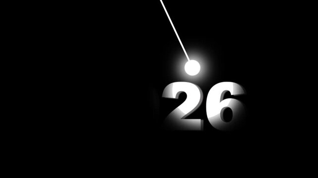 Minimalist pendulum swinging over 2026 date, new year countdown motion modern black and white typography animation for holiday celebration and event intro