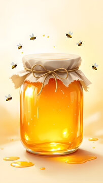 Delicious honey in a jar with bees buzzing around in bright atmosphere transparent background