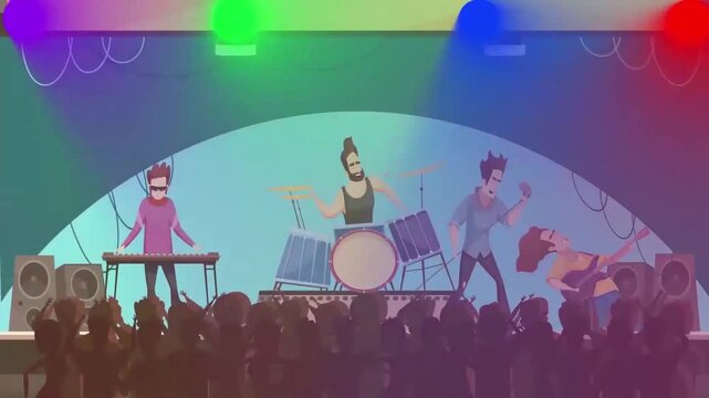 2D Animated Rock Band Performing Live Music Concert on Stage in Front of Cheering Crowd Flat Vector Character Animation Footage
