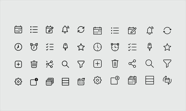 Calendar line icon set. Month view, agenda, event editing, reminders, sync minimal vector illustrations. Simple outline signs for planners and scheduling. 48x48 Pixel Perfect. Editable Stroke line ico