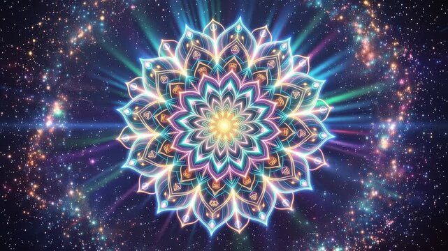 Luminous mandala lotus radiating vibrant neon hues, cosmic light rays, mystical meditation, spiritual energy, seamless psychedelic animation, 4K video