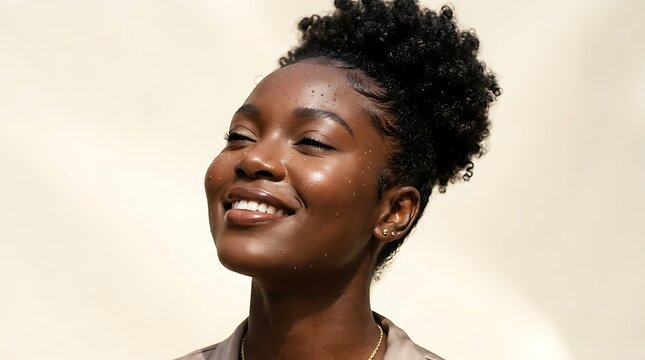 Young woman smiling with closed eyes and dewy glowing skin female person face smile nose lips hair ear earrings jewelry.