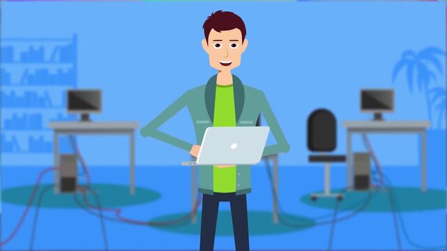 2D Animated Businessman standing in Modern Tech Office Working on Laptop Computer Flat Vector Character Animation Footage