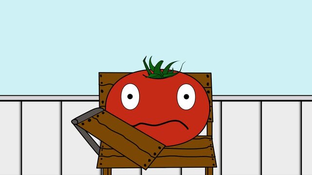 Angry tomato with wooden sign on fence green screen chromakey background 2d animated cartoon animation scene element clip visual frame sequence theme scene element 