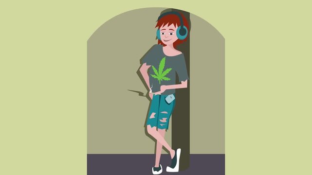 2D Animated Young Woman Wearing Headphones Listening to Music Leaning on Wall Flat Vector Character Animation Footage
