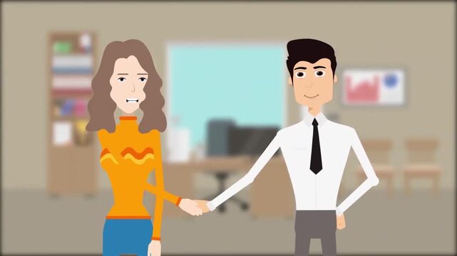 2D Animated Business Manager Shaking Hands with Female Candidate during Job Interview Flat Vector Character Animation Footage