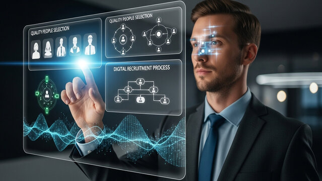 Businessman interacting with a futuristic digital interface for recruitment and quality people selection