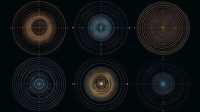 Abstract circular waveform charts against a dark background. These digital data visualizations represent futuristic.