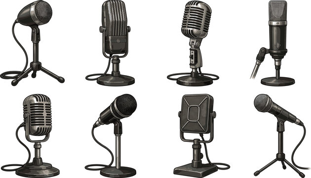 Set of vintage and modern microphones vector illustrations on stands