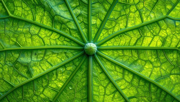 Macro Close Up Of Green Leaf Veins And Water Droplet.