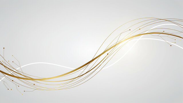 Abstract background, with flowing gold, and white lines, thin curved metallic, ribbons, and small, circular dots on, a light gray gradient