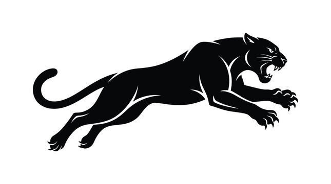 A sleek black panther leaps forward with sharp claws and an aggressive expression in profile view