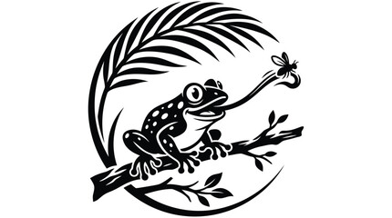 Fototapeta premium Black and white vector illustration of a spotted frog catching a flying insect with tongue