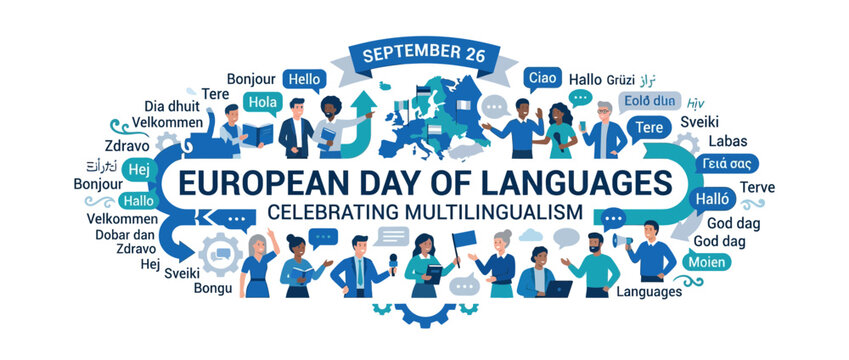 Diverse people celebrating multilingualism and European languages
