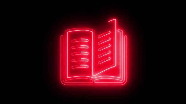 Glowing Red Neon Open Book Line Art Illustration on Black Background