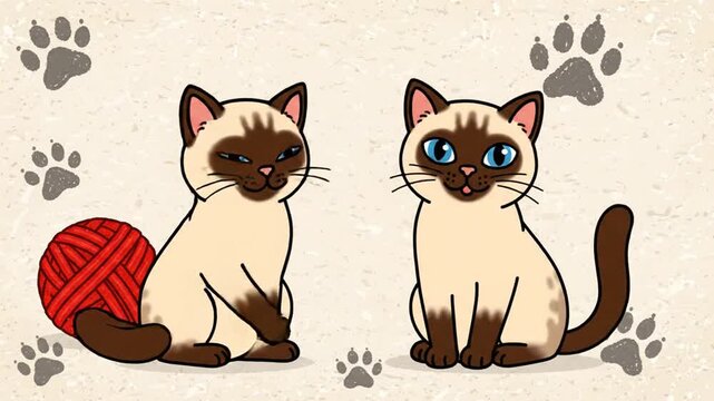 Cute Siamese Kittens Playing with Yarn Ball, Paw Prints Background