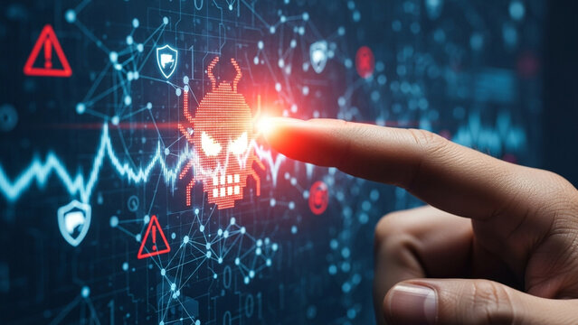 Finger pointing at a glowing malware bug icon on a digital cybersecurity data interface