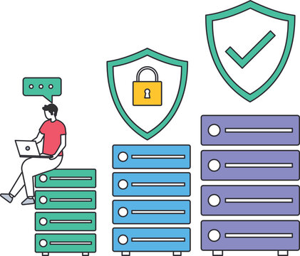 padlock icon, check mark, laptop computer, one person, male character, speech bubble, flat design, modern graphic, technology concept