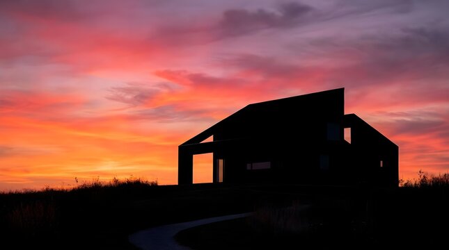 Minimalist House Silhouette Sunset Background Concept