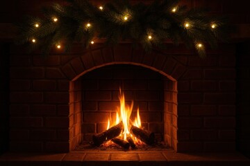 Naklejka premium Cozy fireplace with festive lights.